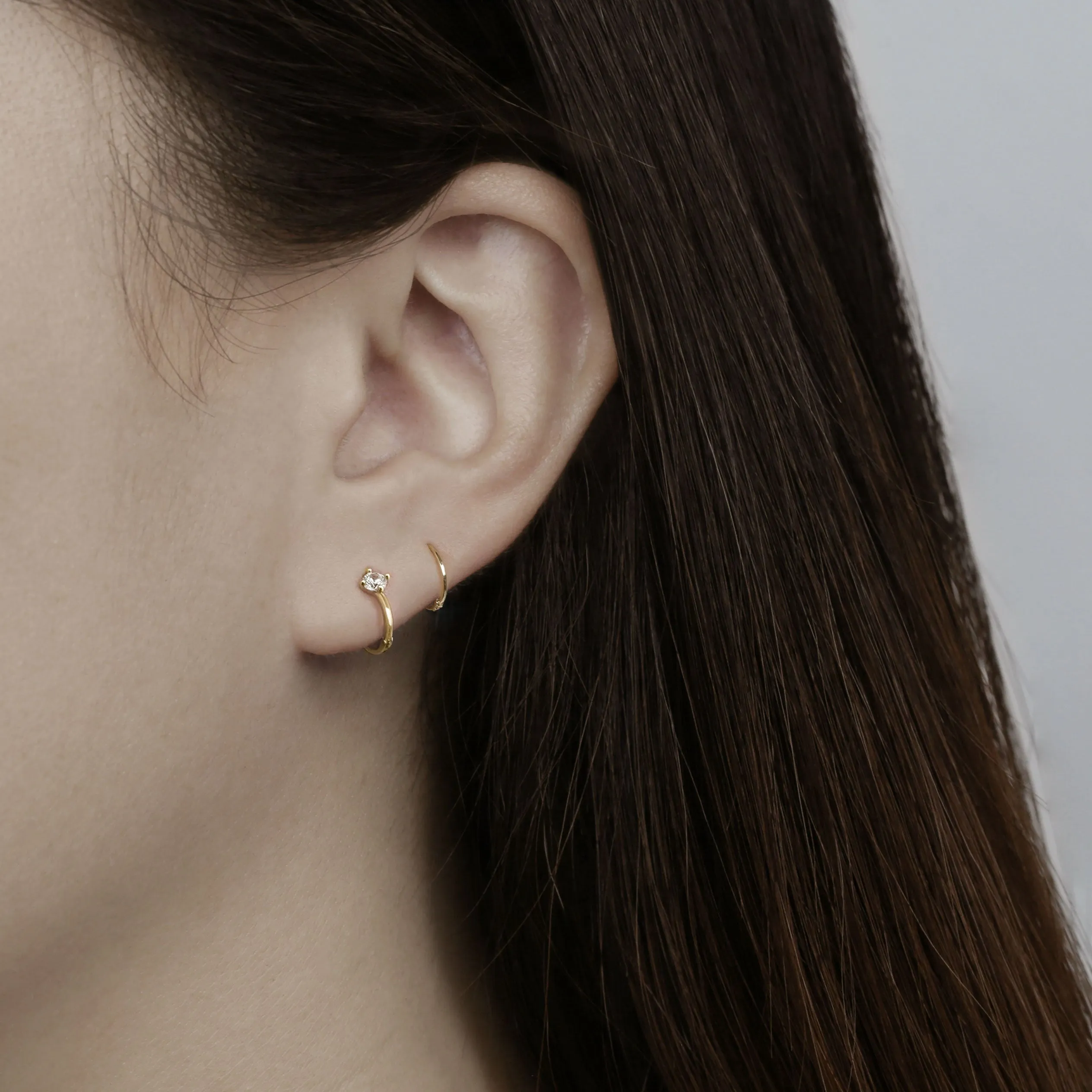 14k Solid Gold Small Single CZ Hoop Earring