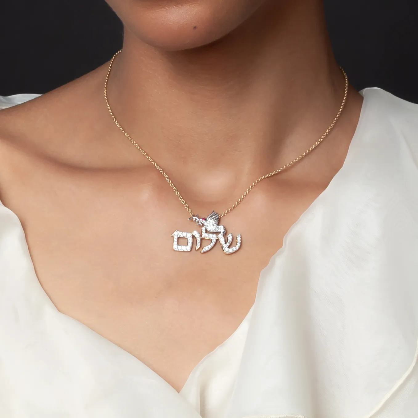 14K Two Tone 1.02 TCW Lab Grown Diamond Shalom Peace Necklace