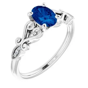 14K White Chatham® Created Blue Sapphire & .02 CTW Diamond Ring