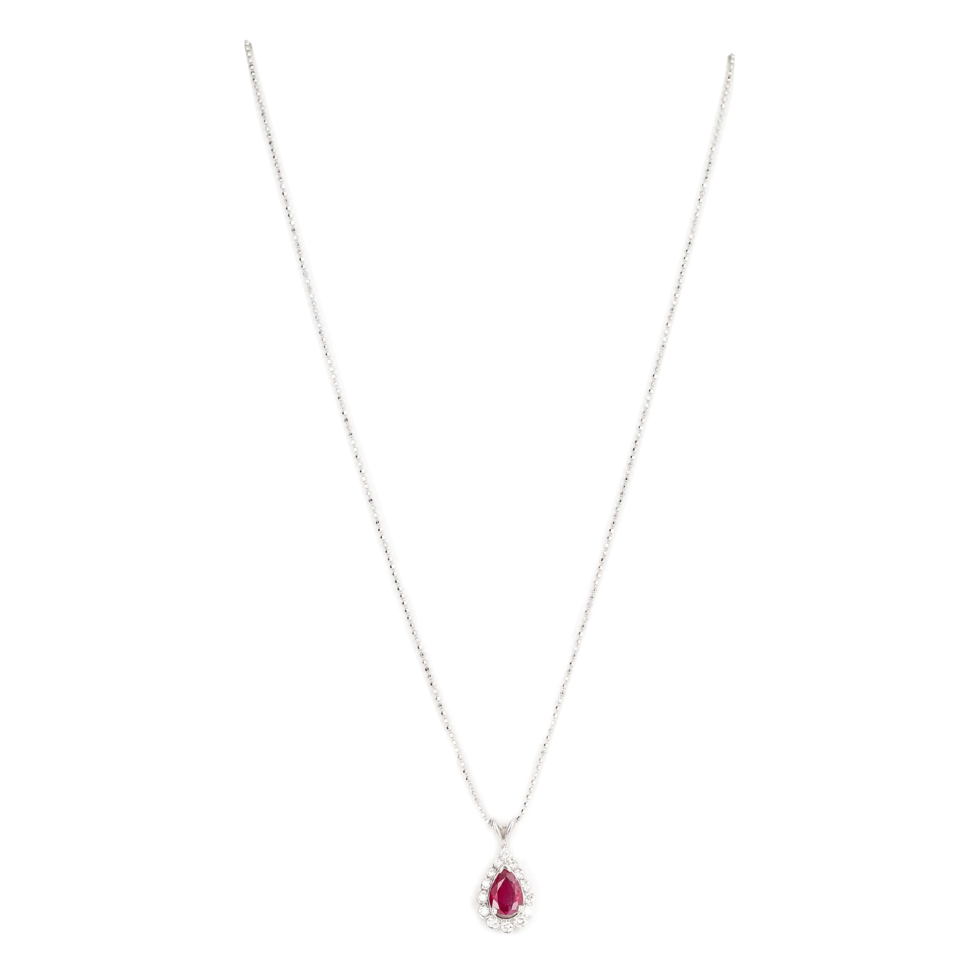 14K White Gold 1 Carat Pear Natural Ruby Diamond Halo Pendant Necklace