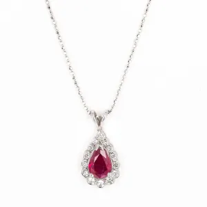 14K White Gold 1 Carat Pear Natural Ruby Diamond Halo Pendant Necklace