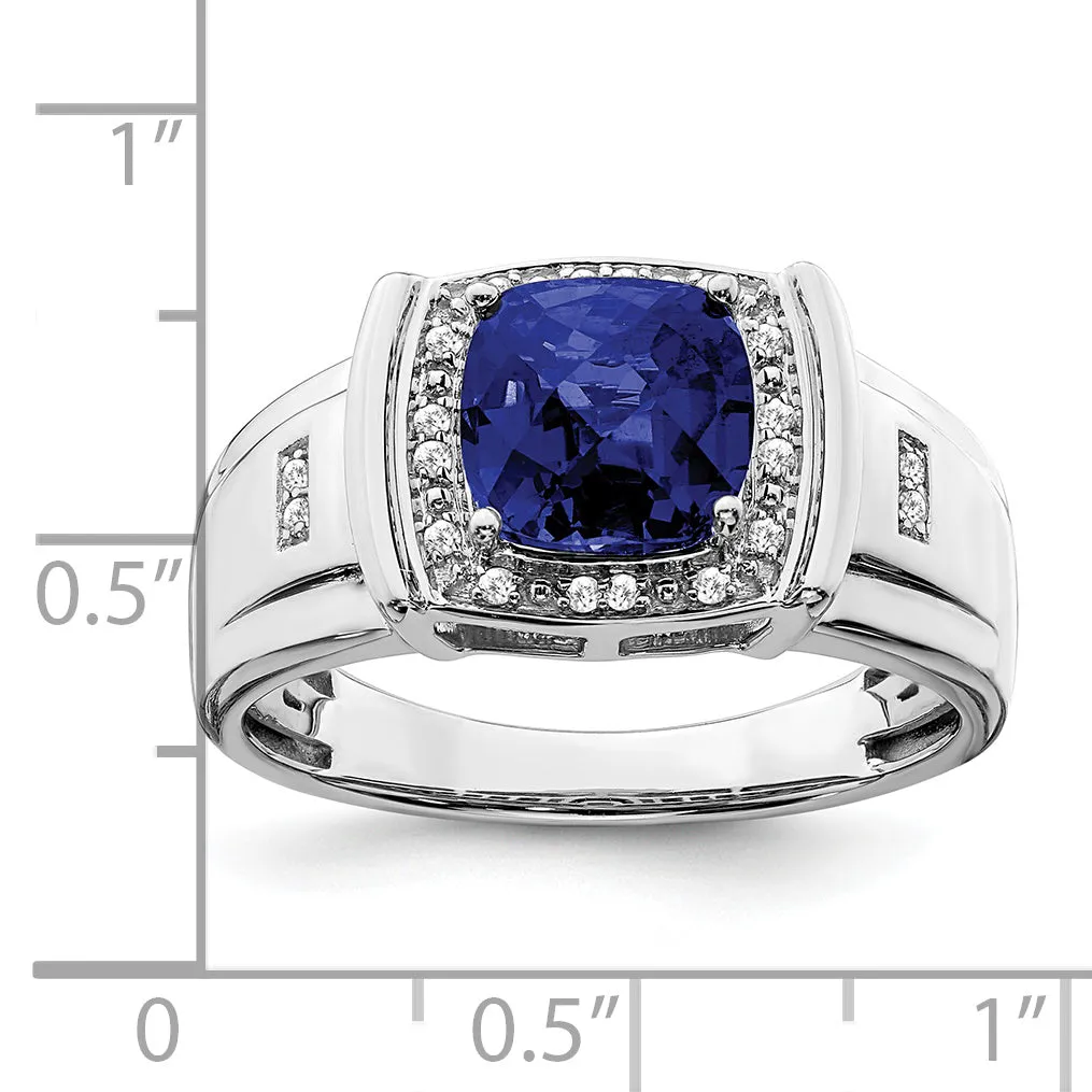 14k White Gold Cushion Created Sapphire and Diamond Mens Ring
