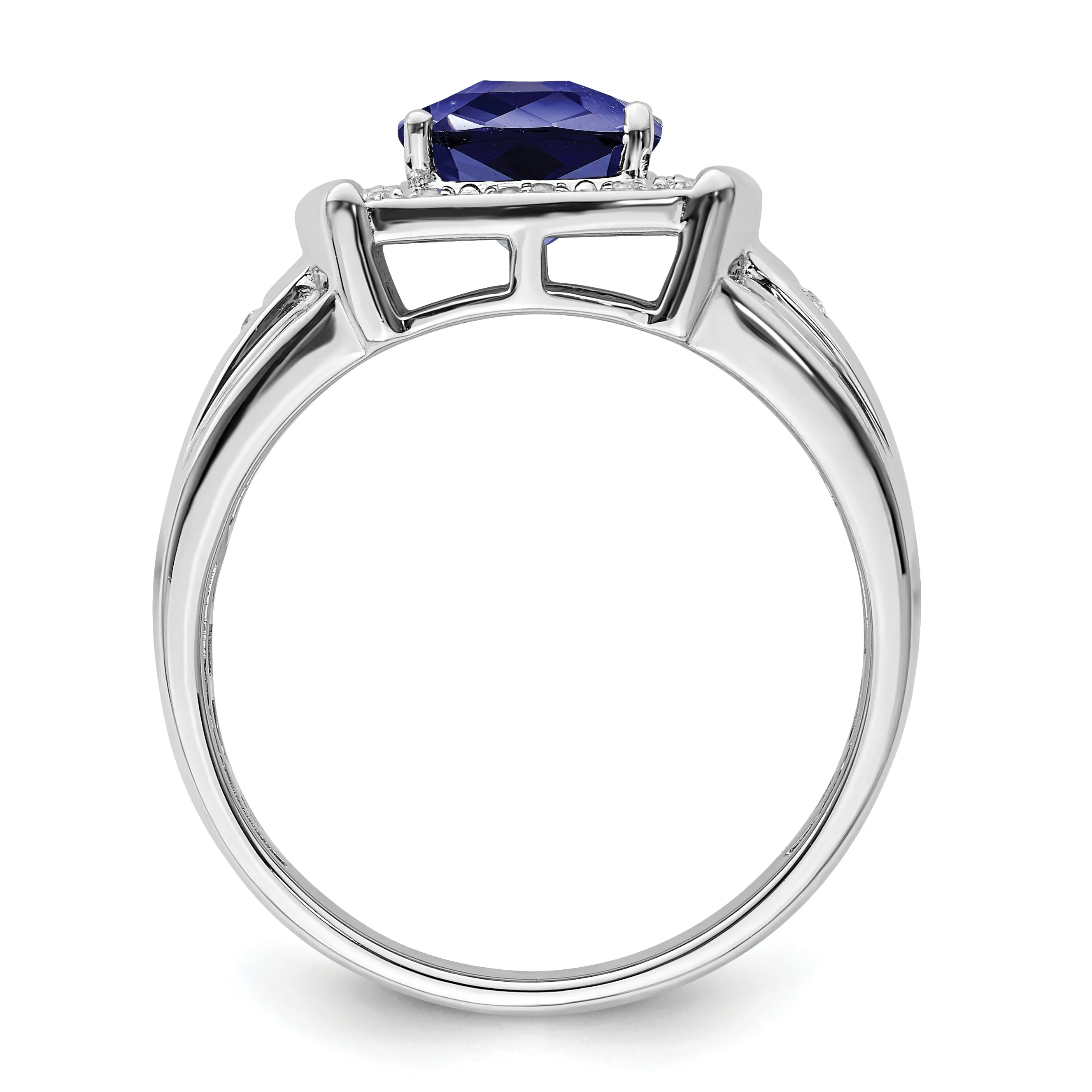 14k White Gold Cushion Created Sapphire and Diamond Mens Ring