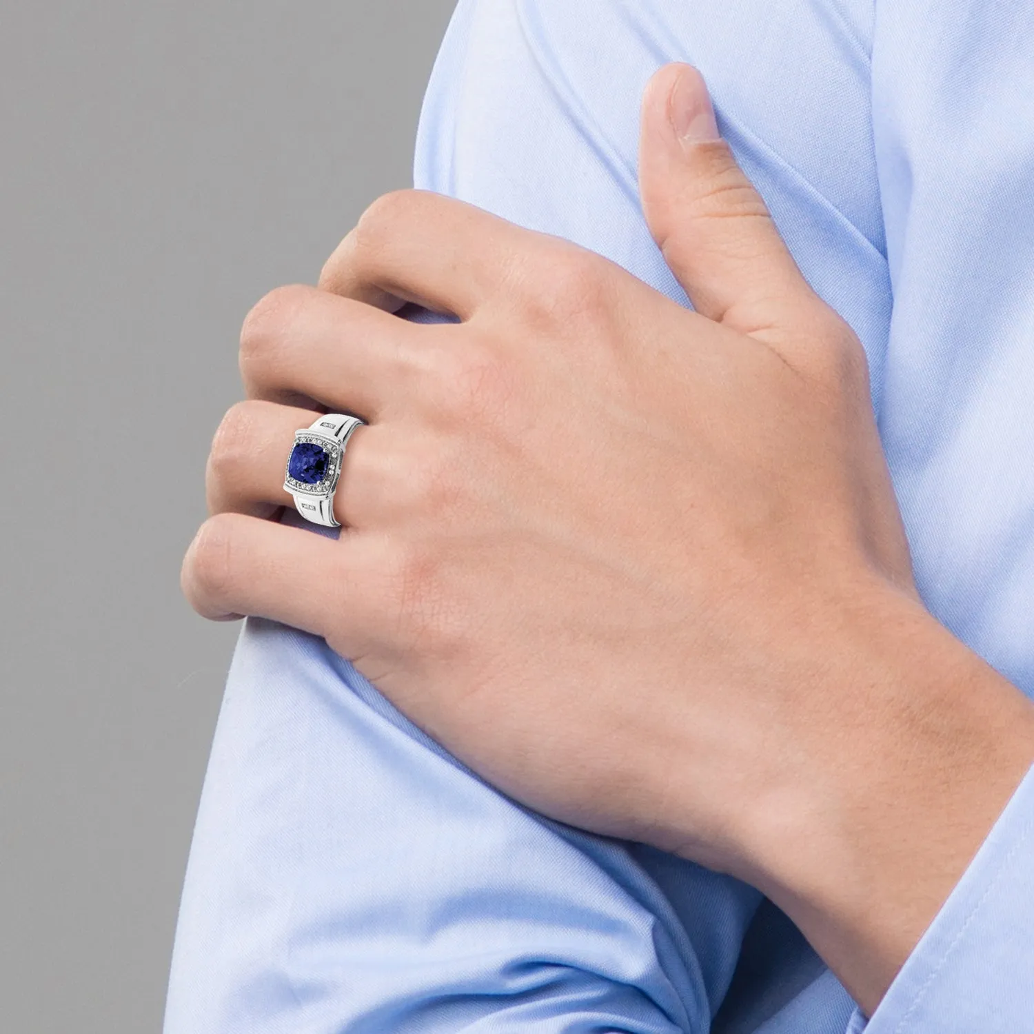 14k White Gold Cushion Created Sapphire and Diamond Mens Ring
