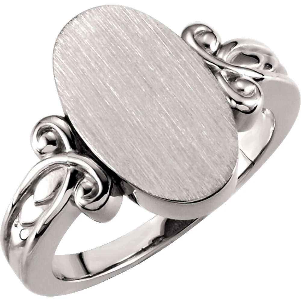 14k White Gold Fancy Oval Signet Ring, Size 6