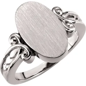 14k White Gold Fancy Oval Signet Ring, Size 6