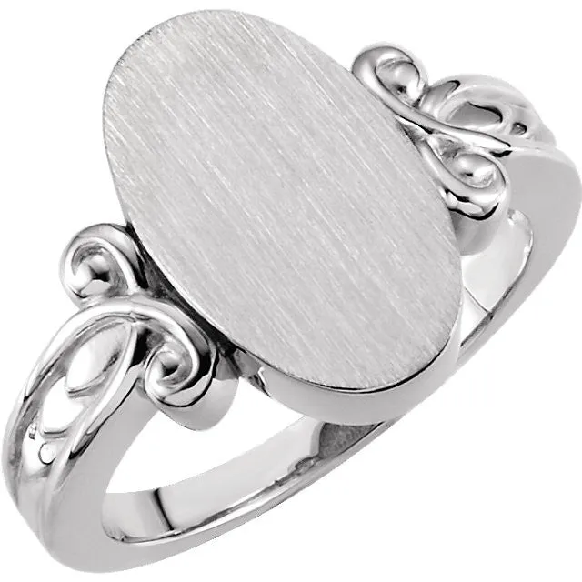 14k White Gold Fancy Oval Signet Ring, Size 6