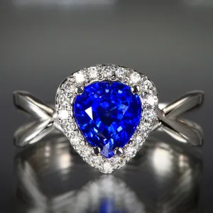 14K White Gold Pear Shape Sapphire and Diamond Ring