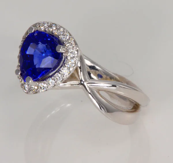 14K White Gold Pear Shape Sapphire and Diamond Ring
