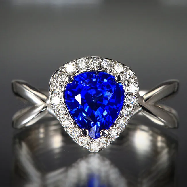 14K White Gold Pear Shape Sapphire and Diamond Ring