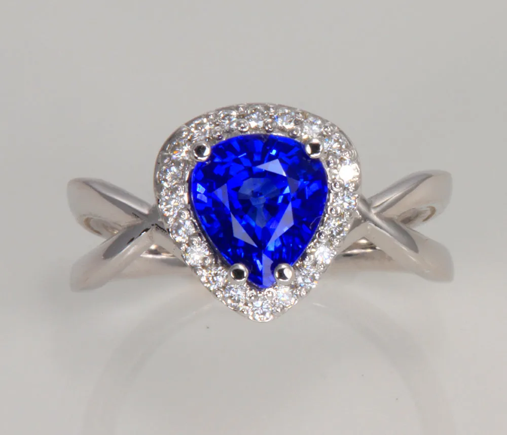 14K White Gold Pear Shape Sapphire and Diamond Ring
