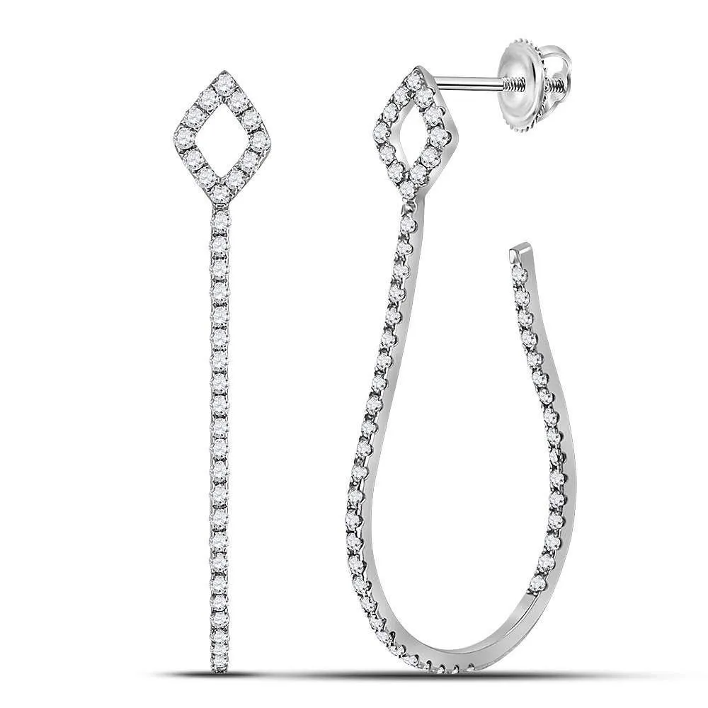 14K White Gold Round Diamond Slender Hook Hoop Earrings 5/8 Cttw