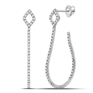 14K White Gold Round Diamond Slender Hook Hoop Earrings 5/8 Cttw