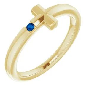 14K Yellow 1.5 mm Round Genuine Blue Sapphire Youth Cross Ring