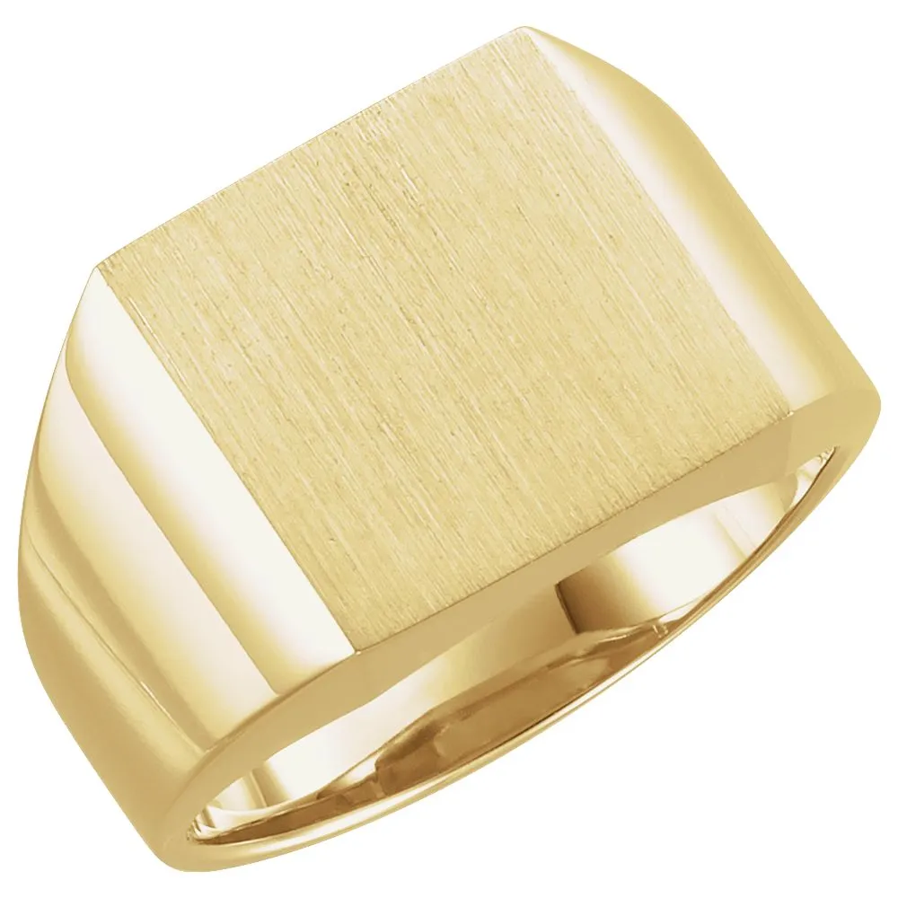 14k Yellow Gold 14mm Men's Signet Ring with Brush Finish, Size 10