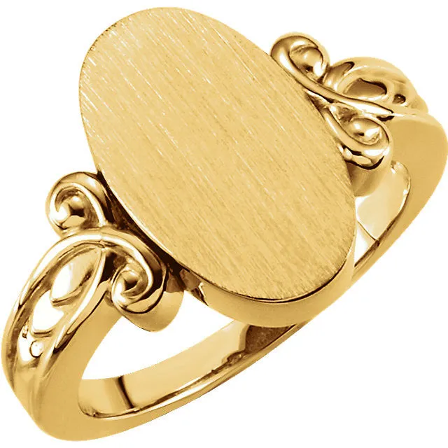 14k Yellow Gold Fancy Oval Signet Ring, Size 6