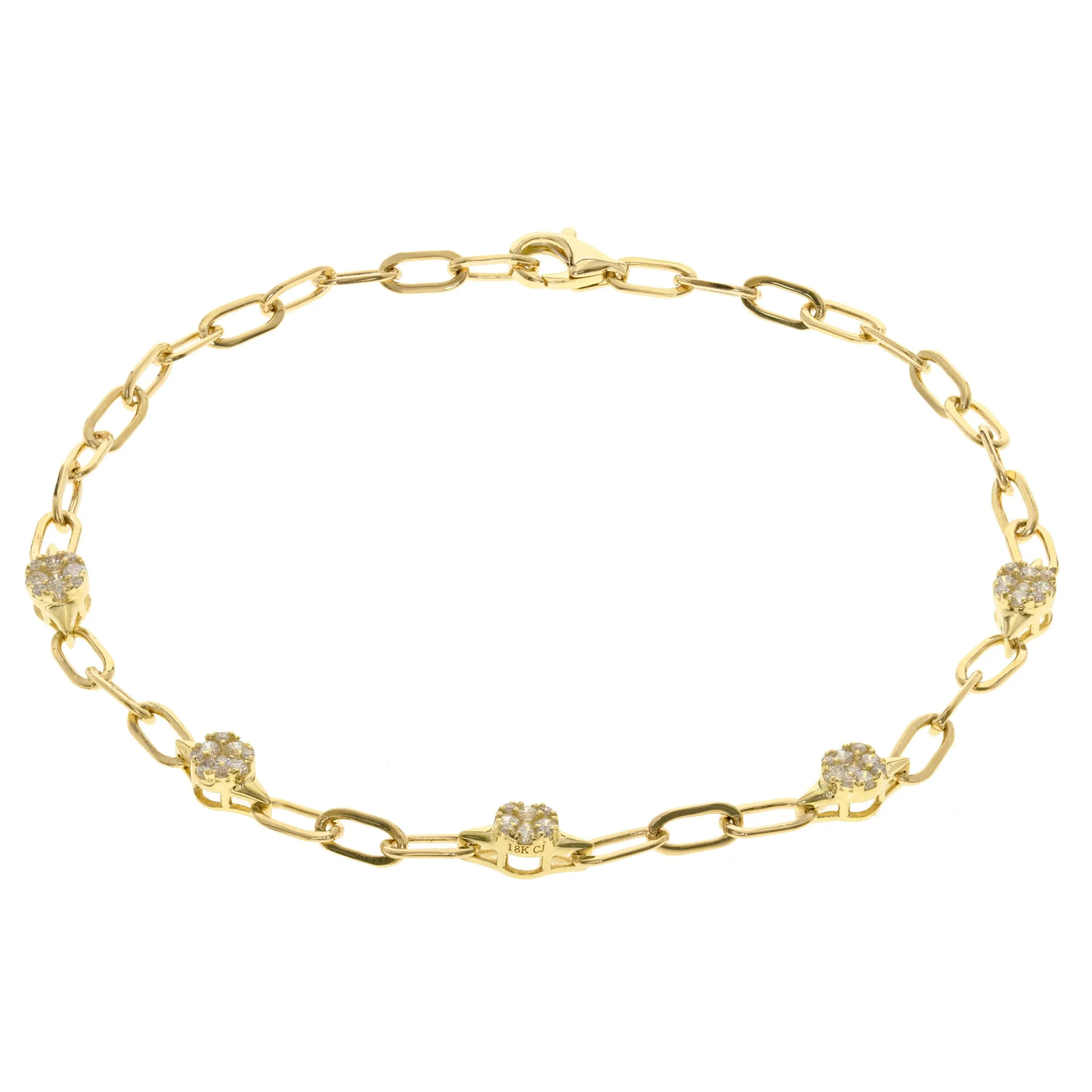 14k Yellow Gold Paperclip and Diamond Clusters Bracelet