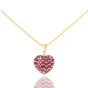 14K Yellow Gold Ruby Pave Heart Pendant Necklace