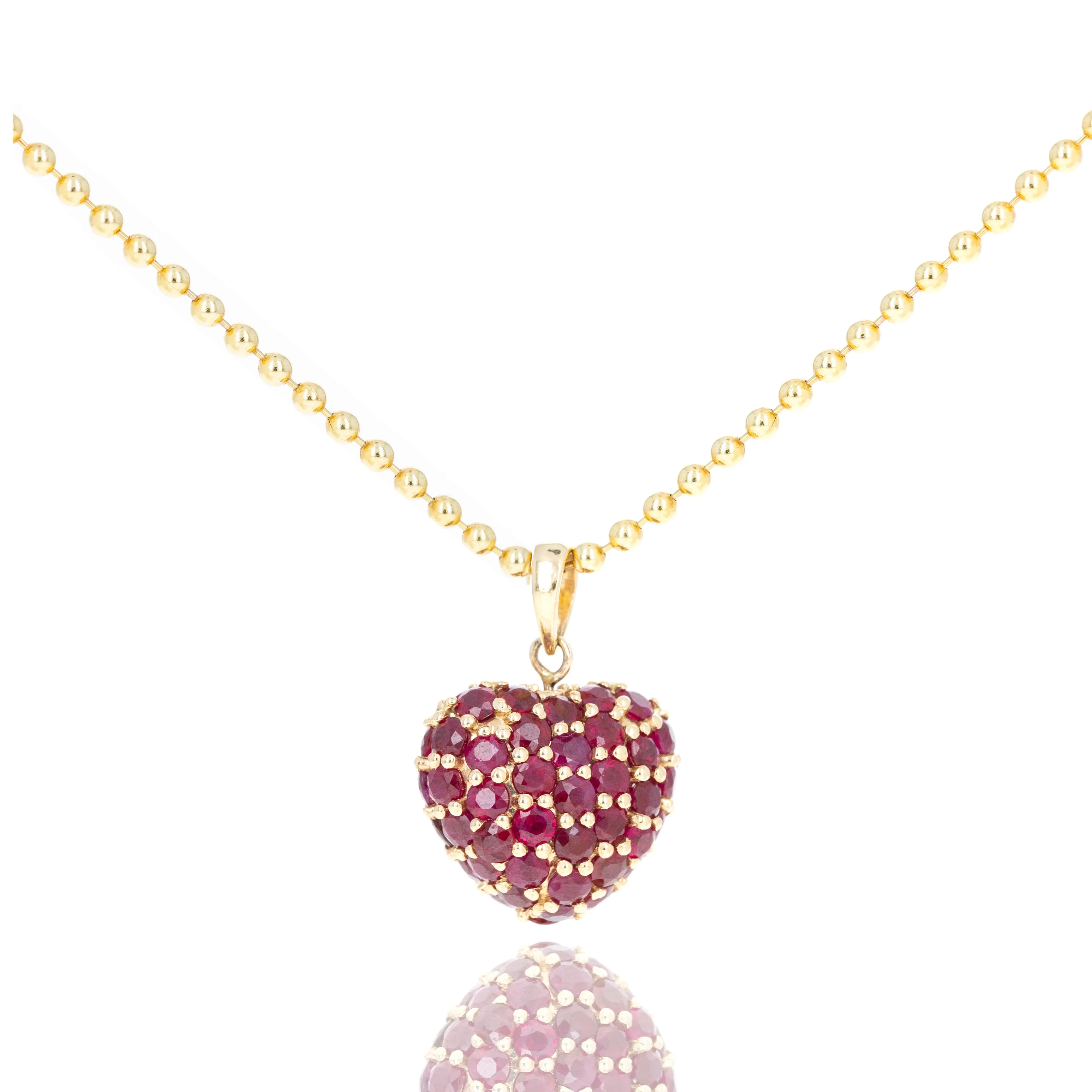 14K Yellow Gold Ruby Pave Heart Pendant Necklace
