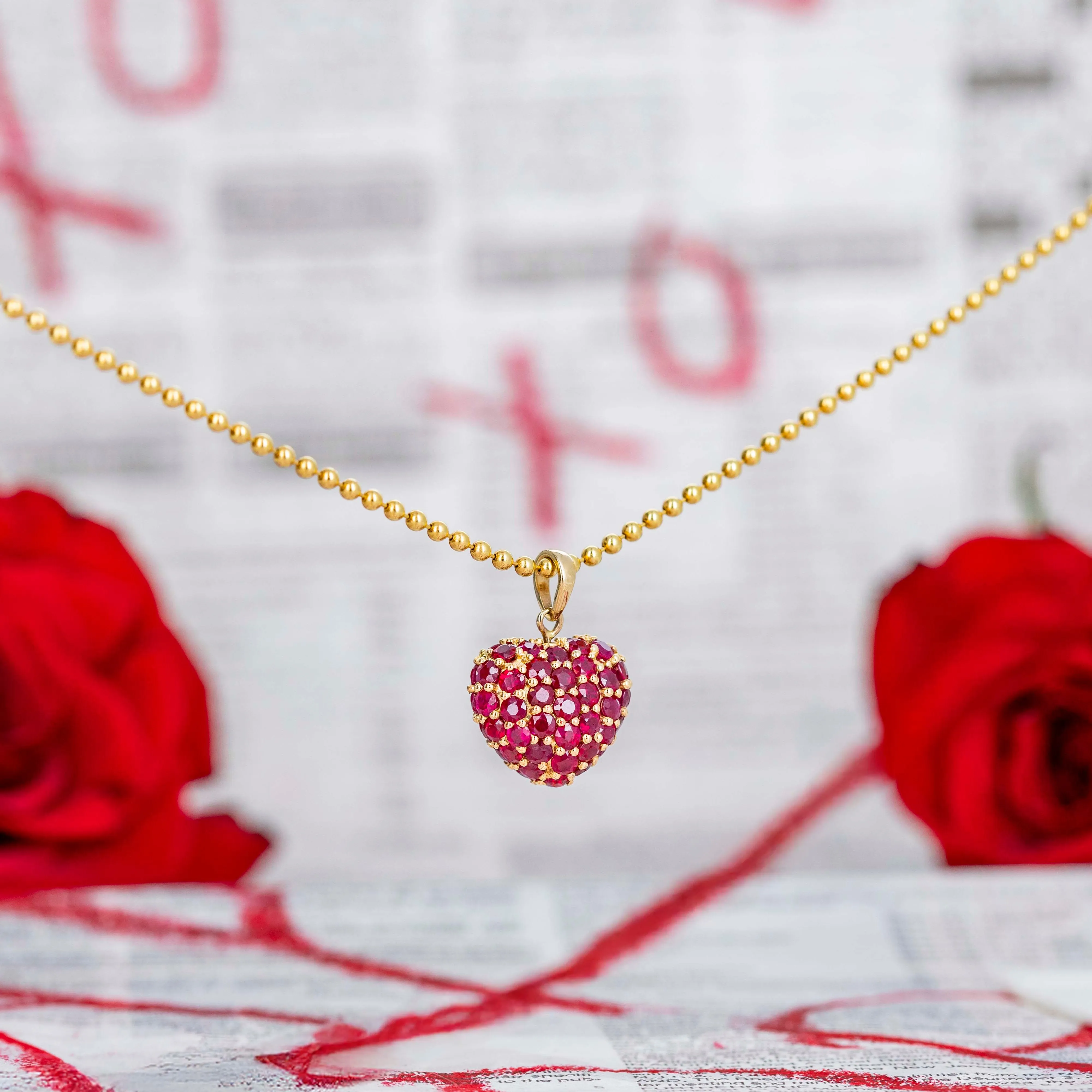 14K Yellow Gold Ruby Pave Heart Pendant Necklace