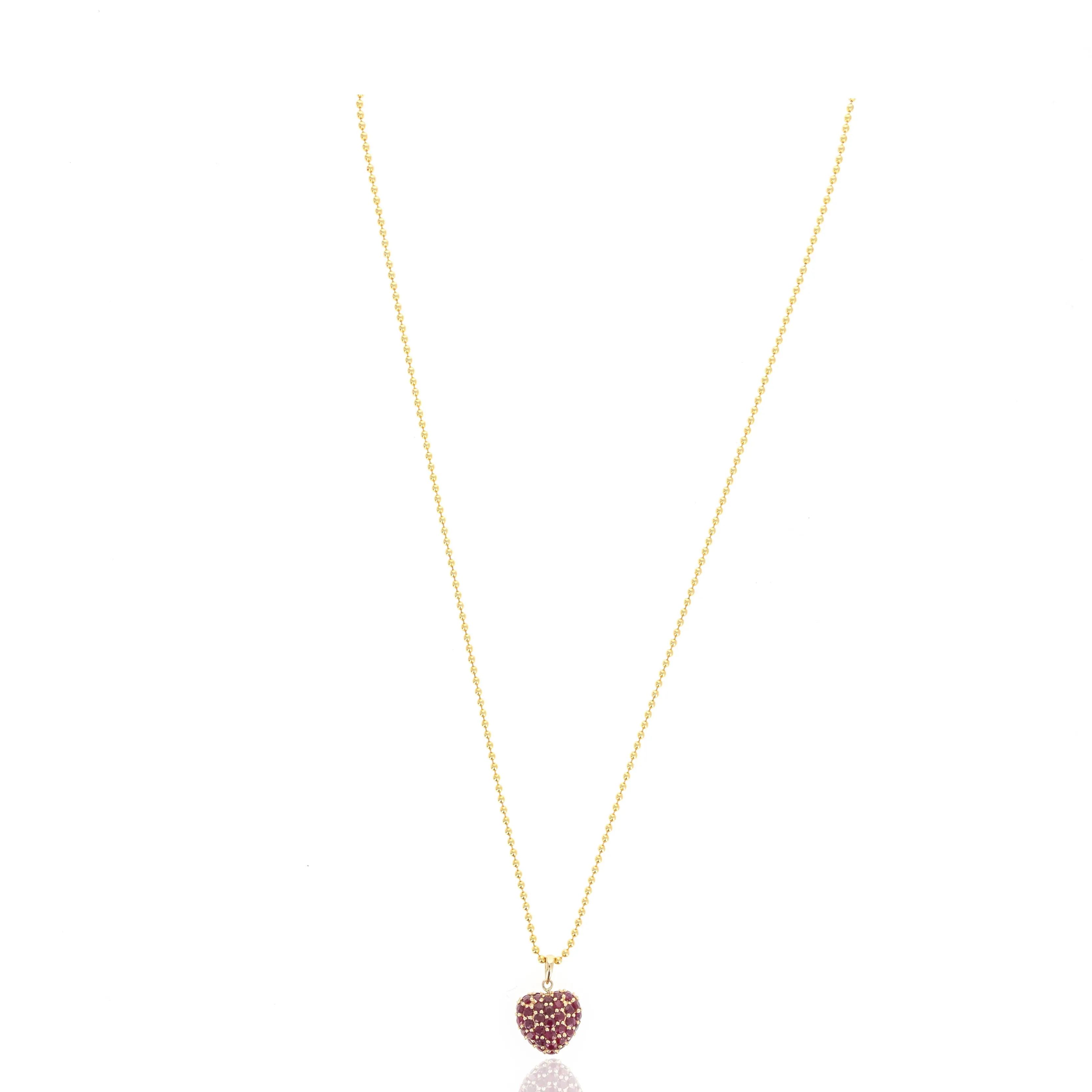 14K Yellow Gold Ruby Pave Heart Pendant Necklace