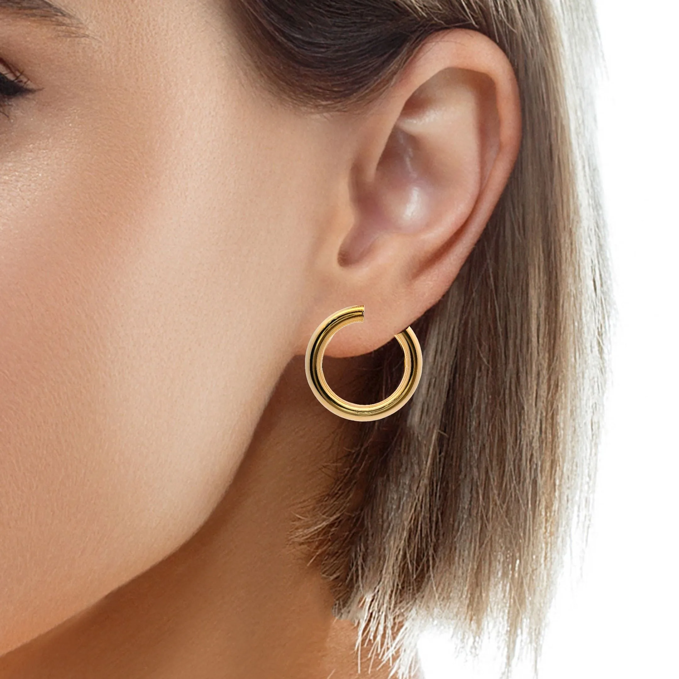 14K Yellow Gold Thick Medium Hoop Earrings