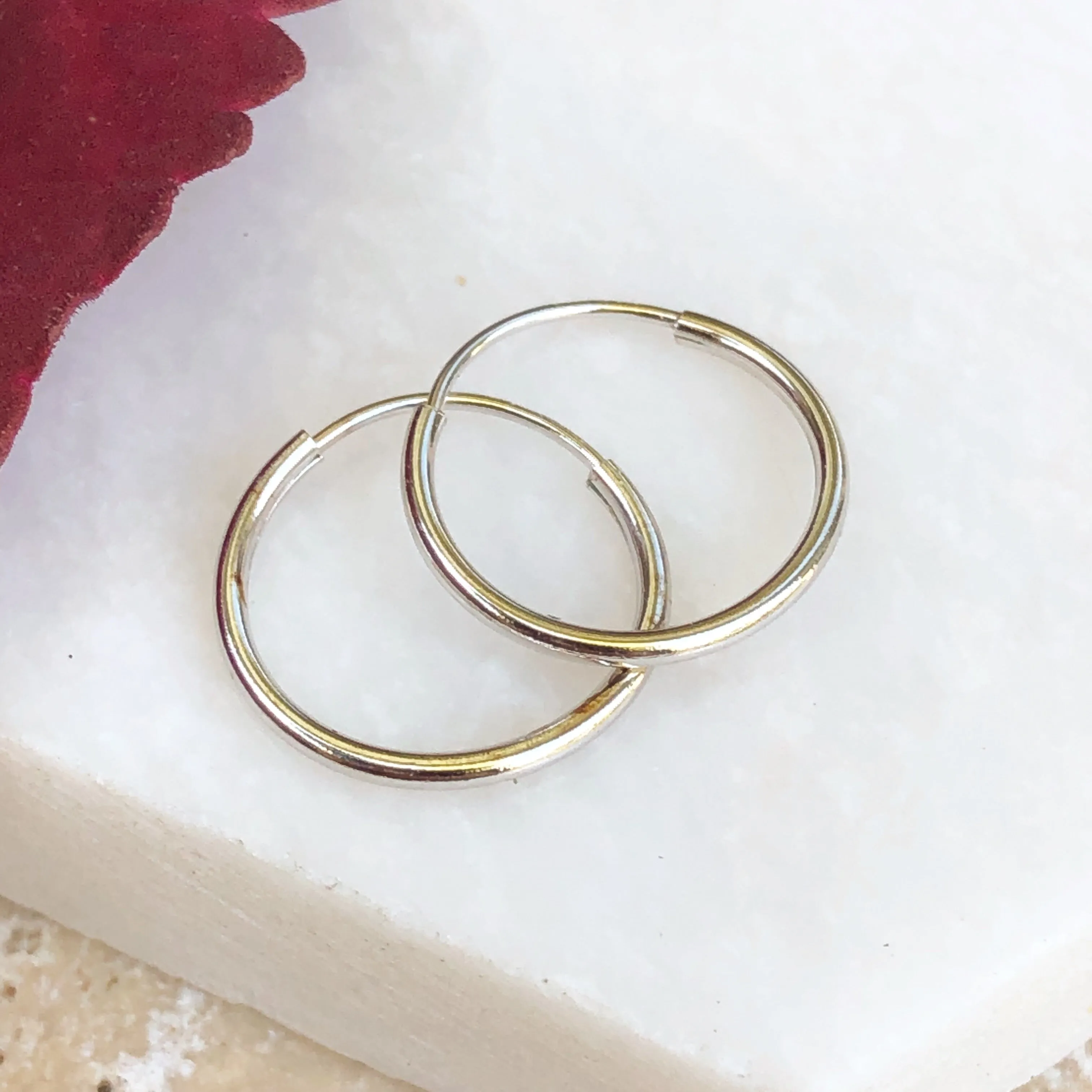 14KT White Gold Thin 1.25mm Endless Hoop Earrings 13mm