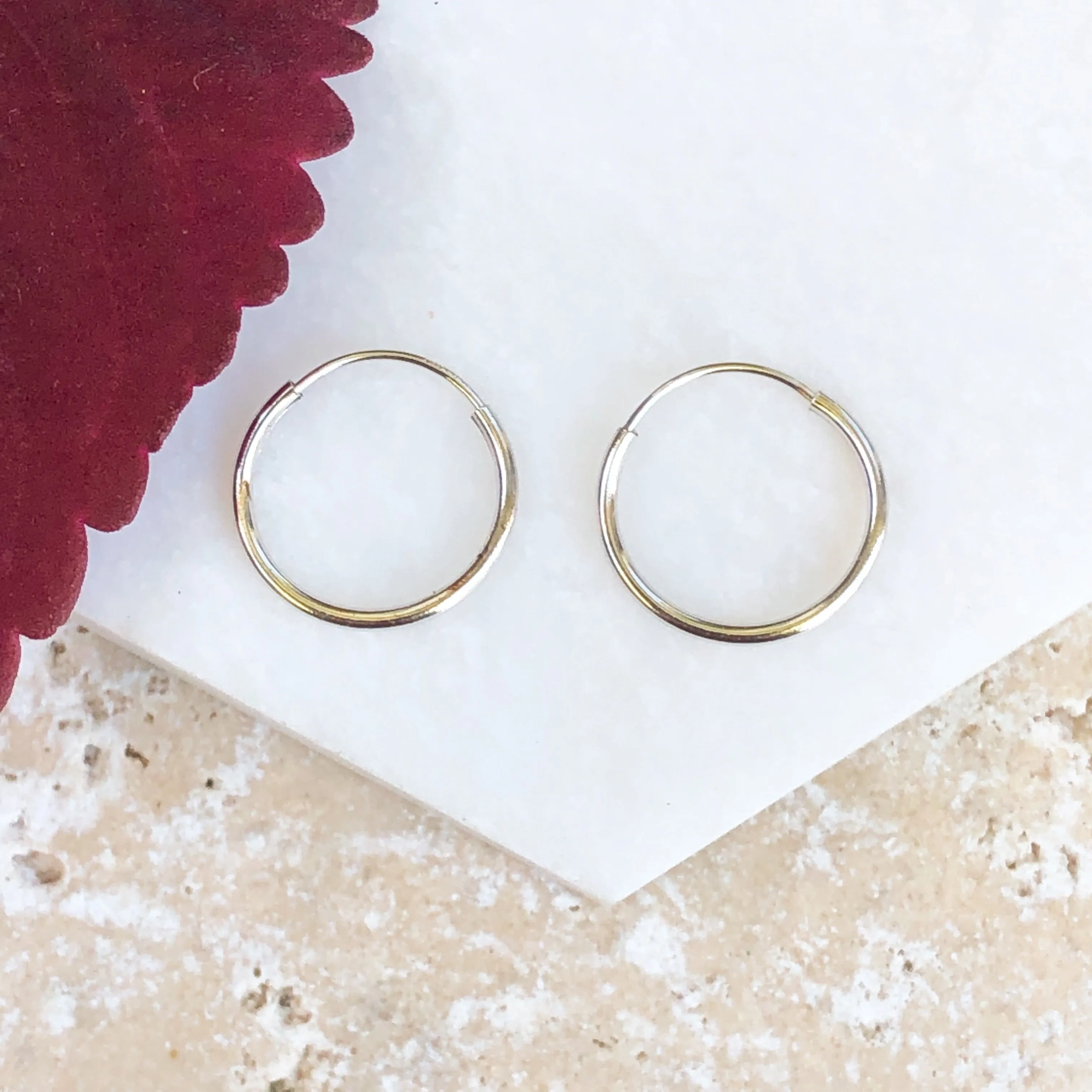 14KT White Gold Thin 1.25mm Endless Hoop Earrings 13mm