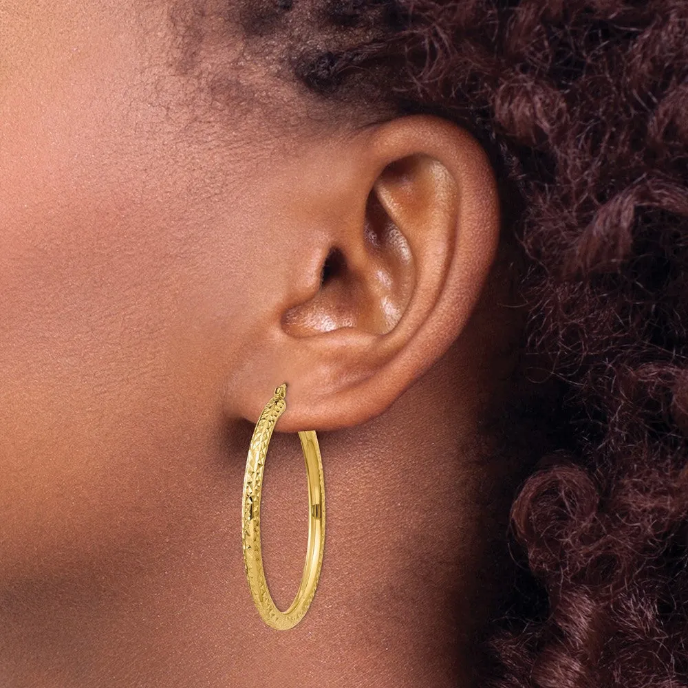 14KT Yellow Gold 40X3MM Diamond-cut Hoop Earrings