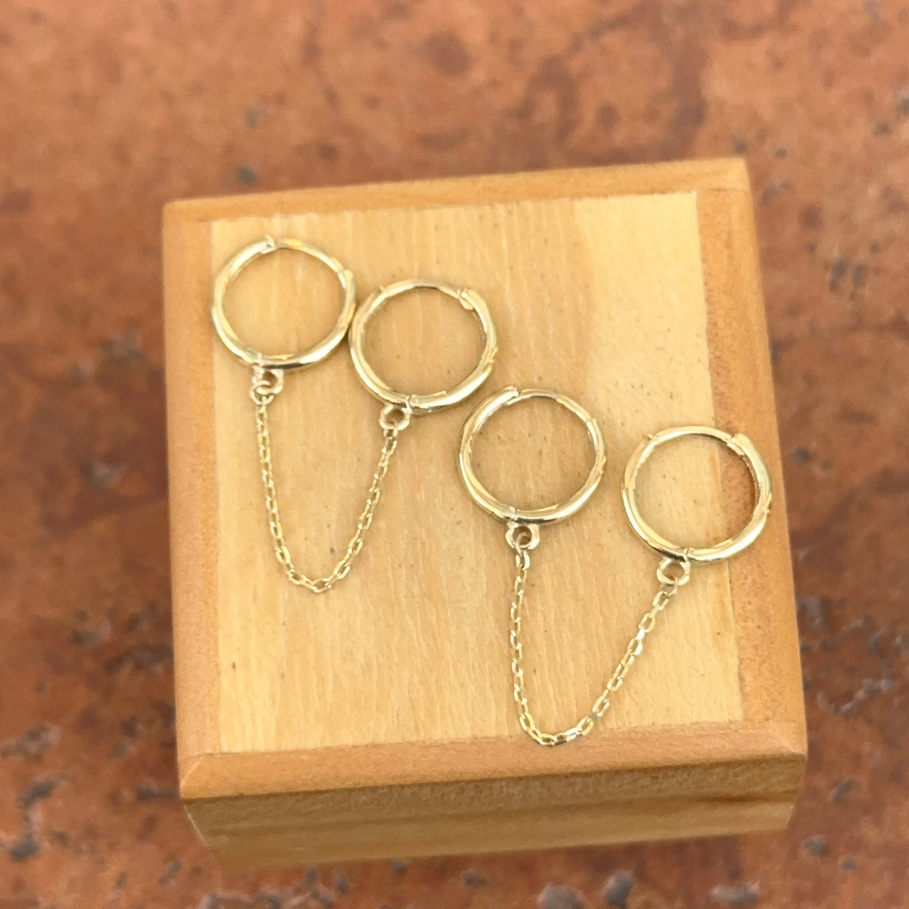 14KT Yellow Gold Double Pierced Hoop Chain Connecting Huggies Hinged Earrings Duo
