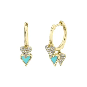 14KT YELLOW GOLD  TURQUOISE TRIPLE HEART HOOP EARRINGS