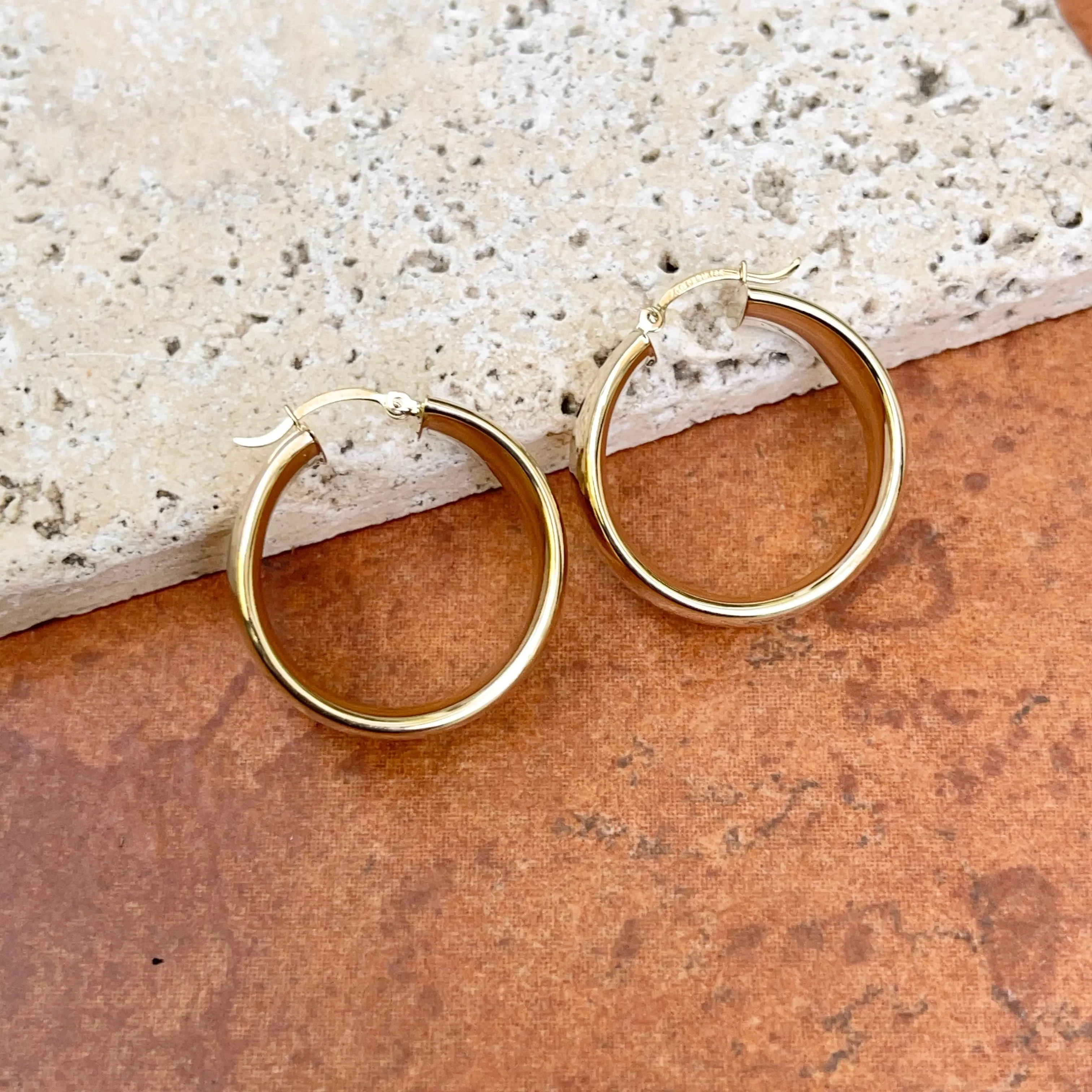 14KT Yellow Gold Wide 10mm Round Tube Hoop Earrings 25mm