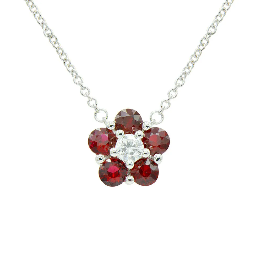 18 Karat White Gold Flower Necklace with Rubies and a Diamond