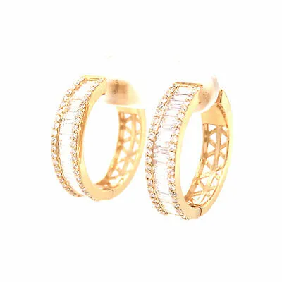 18K Round and Baguette Diamond Hoop Earrings Yellow Gold