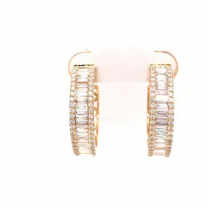 18K Round and Baguette Diamond Hoop Earrings Yellow Gold