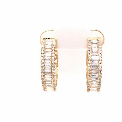 18K Round and Baguette Diamond Hoop Earrings Yellow Gold