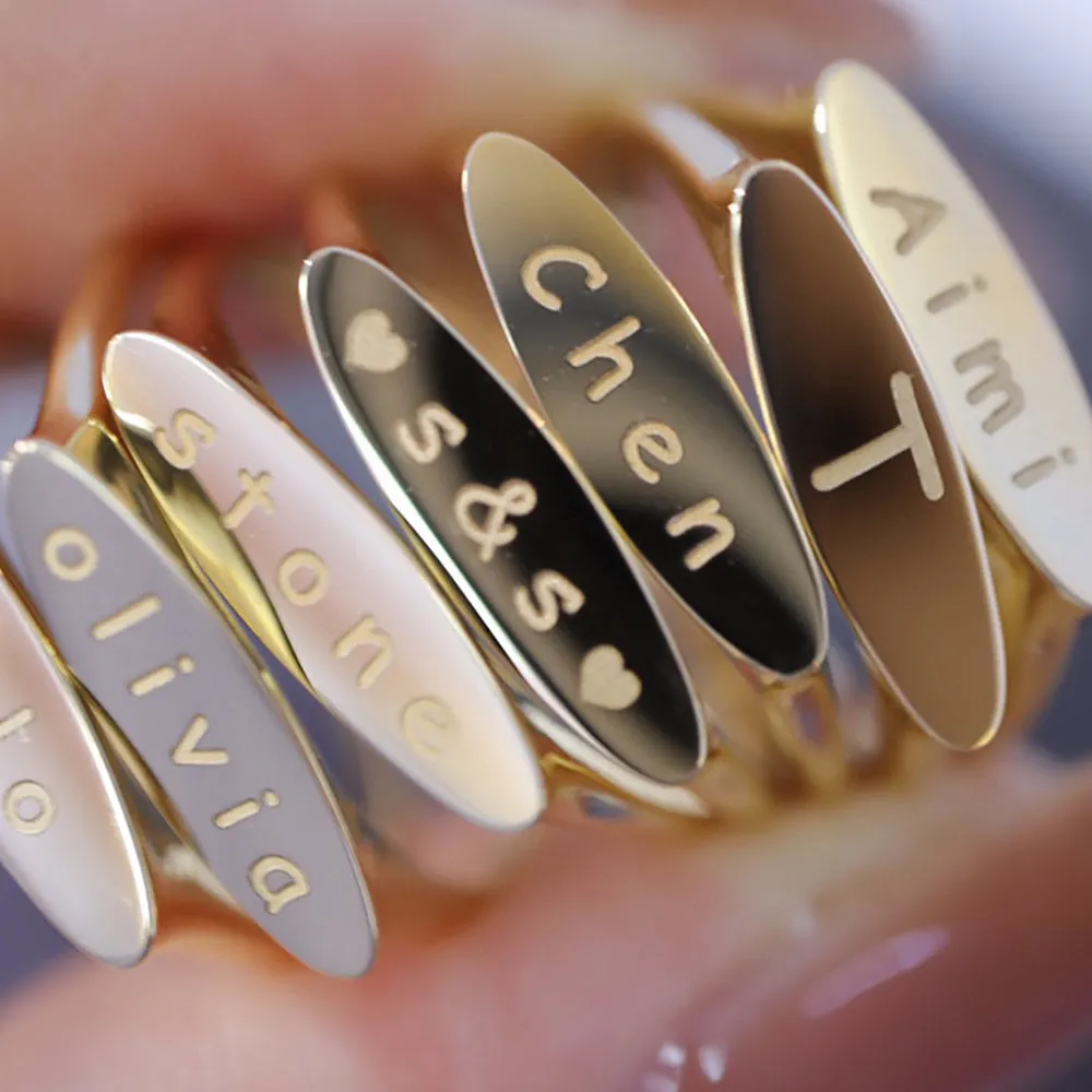 18K Solid Gold DIY Signet Engraved Customized Rings Charm Elegant Jewelry 5-8