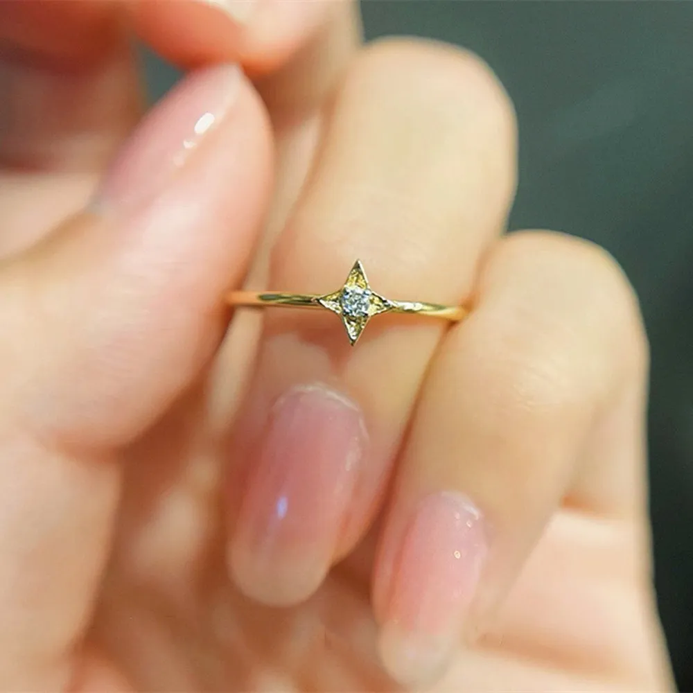 18K Solid Gold Natural Diamond Rings Star Charm Beautiful Jewelry Size 5 6