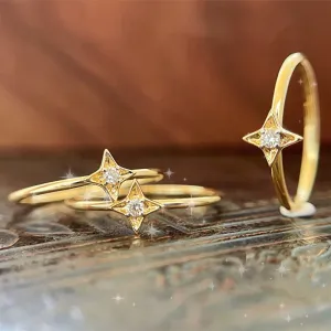 18K Solid Gold Natural Diamond Rings Star Charm Beautiful Jewelry Size 5 6