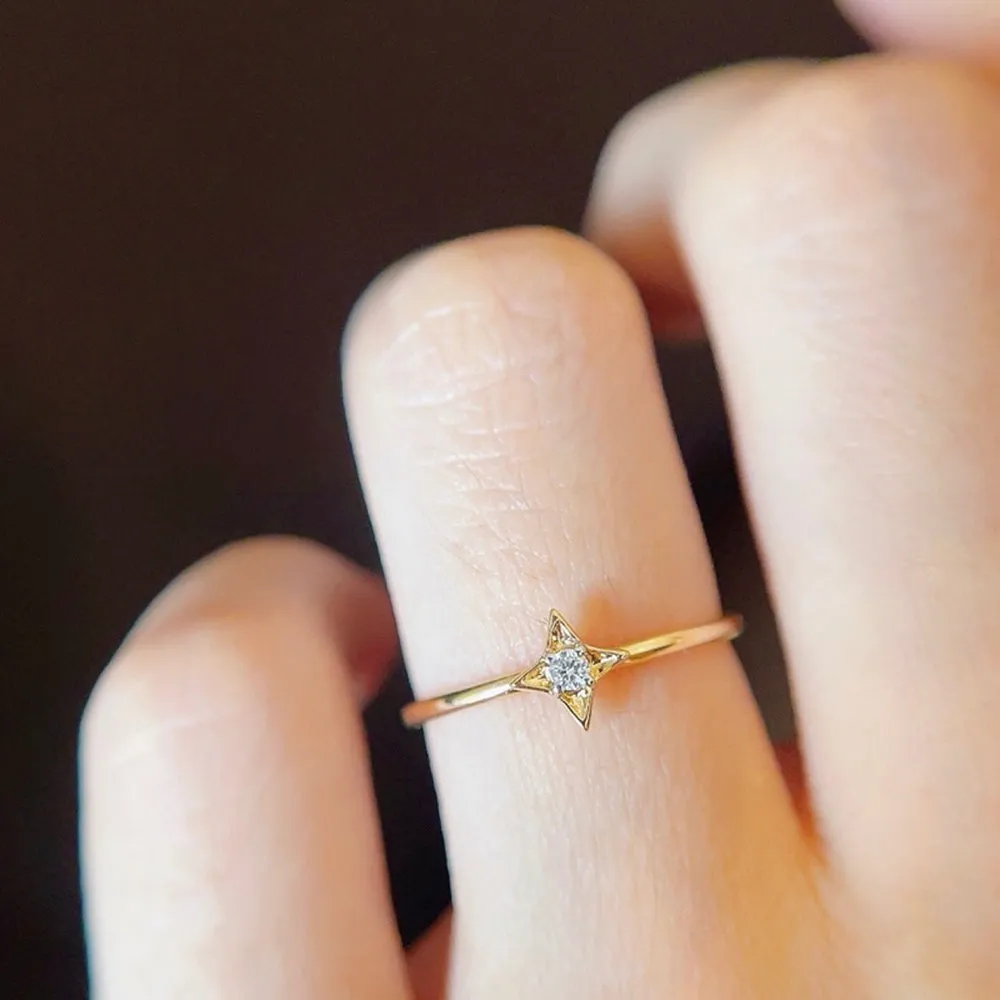 18K Solid Gold Natural Diamond Rings Star Charm Beautiful Jewelry Size 5 6