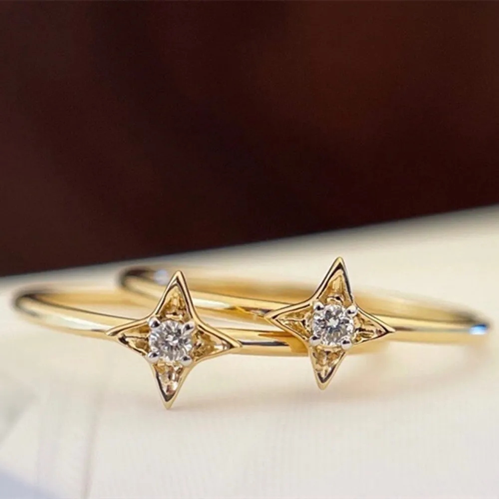 18K Solid Gold Natural Diamond Rings Star Charm Beautiful Jewelry Size 5 6