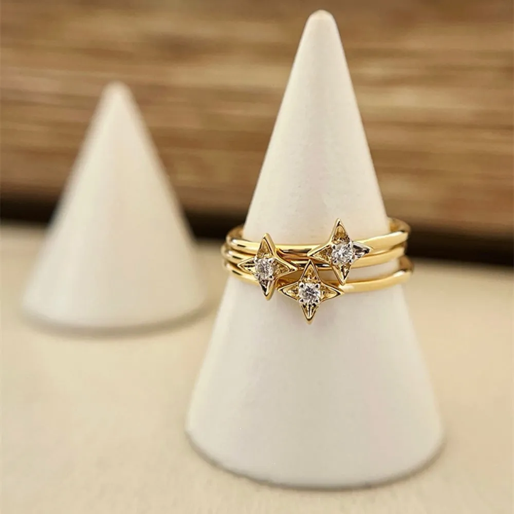 18K Solid Gold Natural Diamond Rings Star Charm Beautiful Jewelry Size 5 6