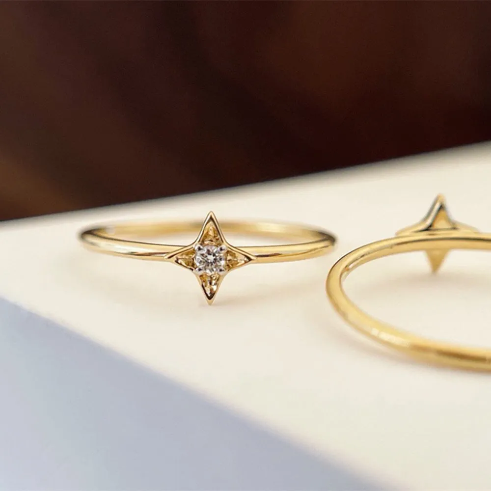 18K Solid Gold Natural Diamond Rings Star Charm Beautiful Jewelry Size 5 6