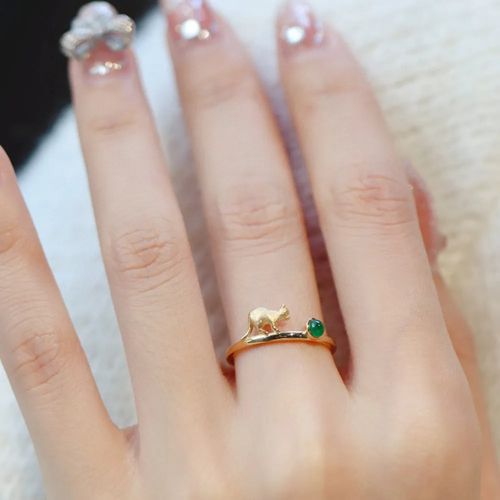 18K Solid Gold Natural Round Emerald Rings Cat Charm Elegant Jewelry 5-9