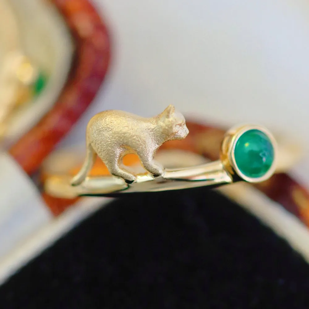 18K Solid Gold Natural Round Emerald Rings Cat Charm Elegant Jewelry 5-9