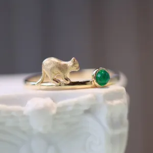 18K Solid Gold Natural Round Emerald Rings Cat Charm Elegant Jewelry 5-9