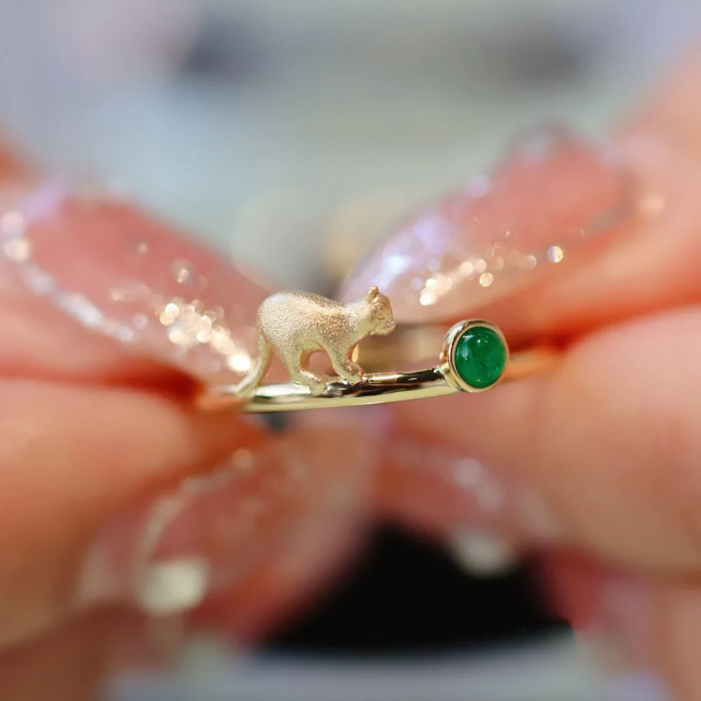 18K Solid Gold Natural Round Emerald Rings Cat Charm Elegant Jewelry 5-9