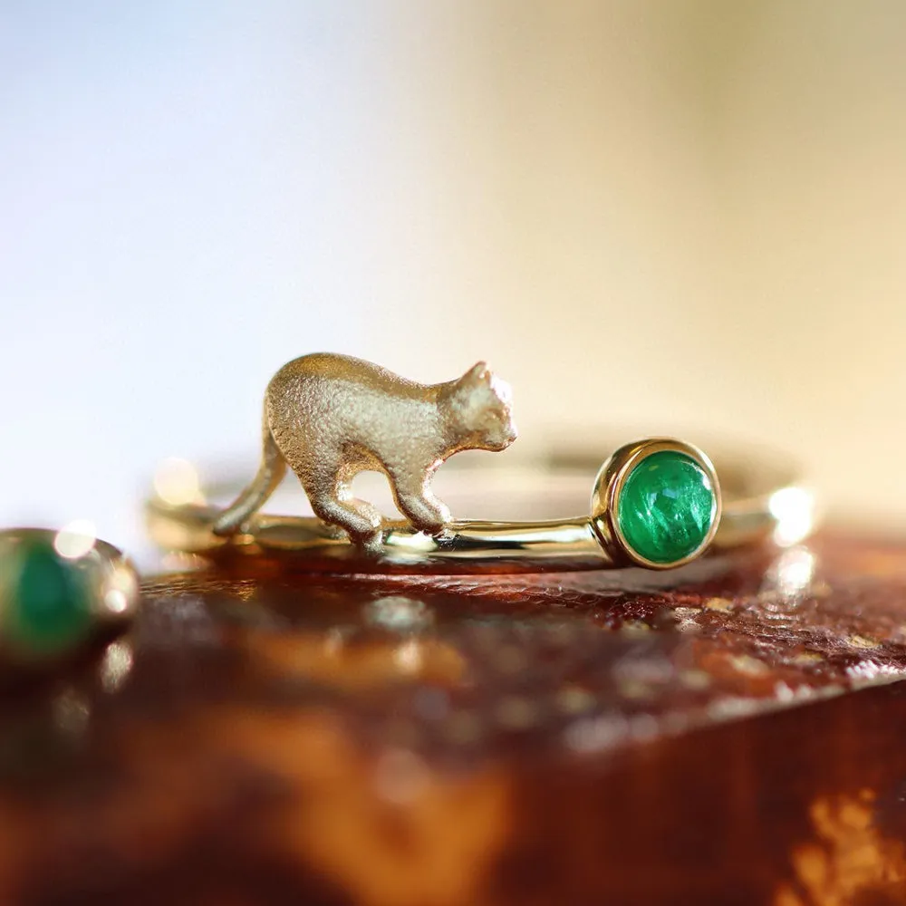 18K Solid Gold Natural Round Emerald Rings Cat Charm Elegant Jewelry 5-9