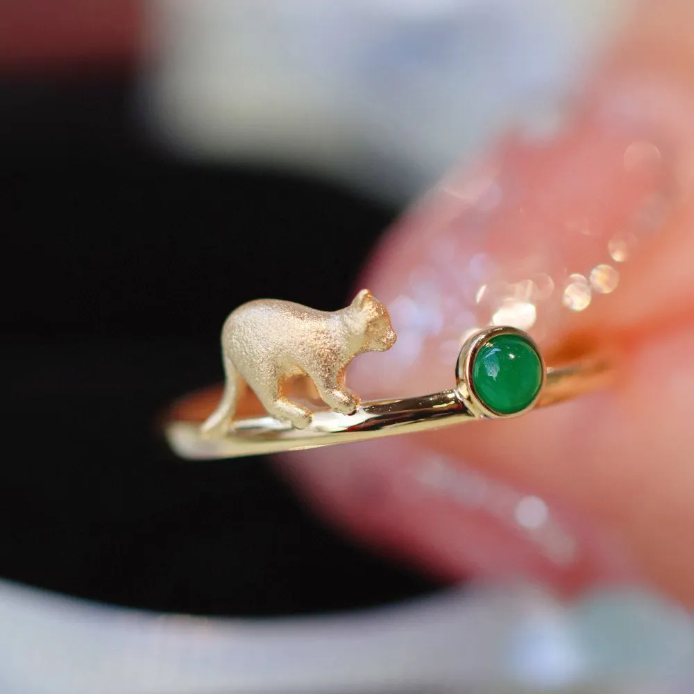 18K Solid Gold Natural Round Emerald Rings Cat Charm Elegant Jewelry 5-9