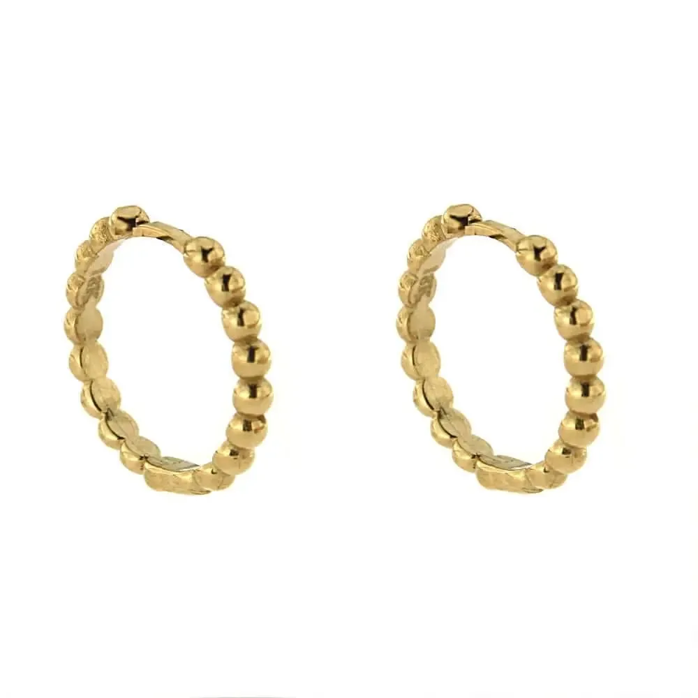 18K Solid Yellow Gold Beads Hinged Hoop Huggie Earrings